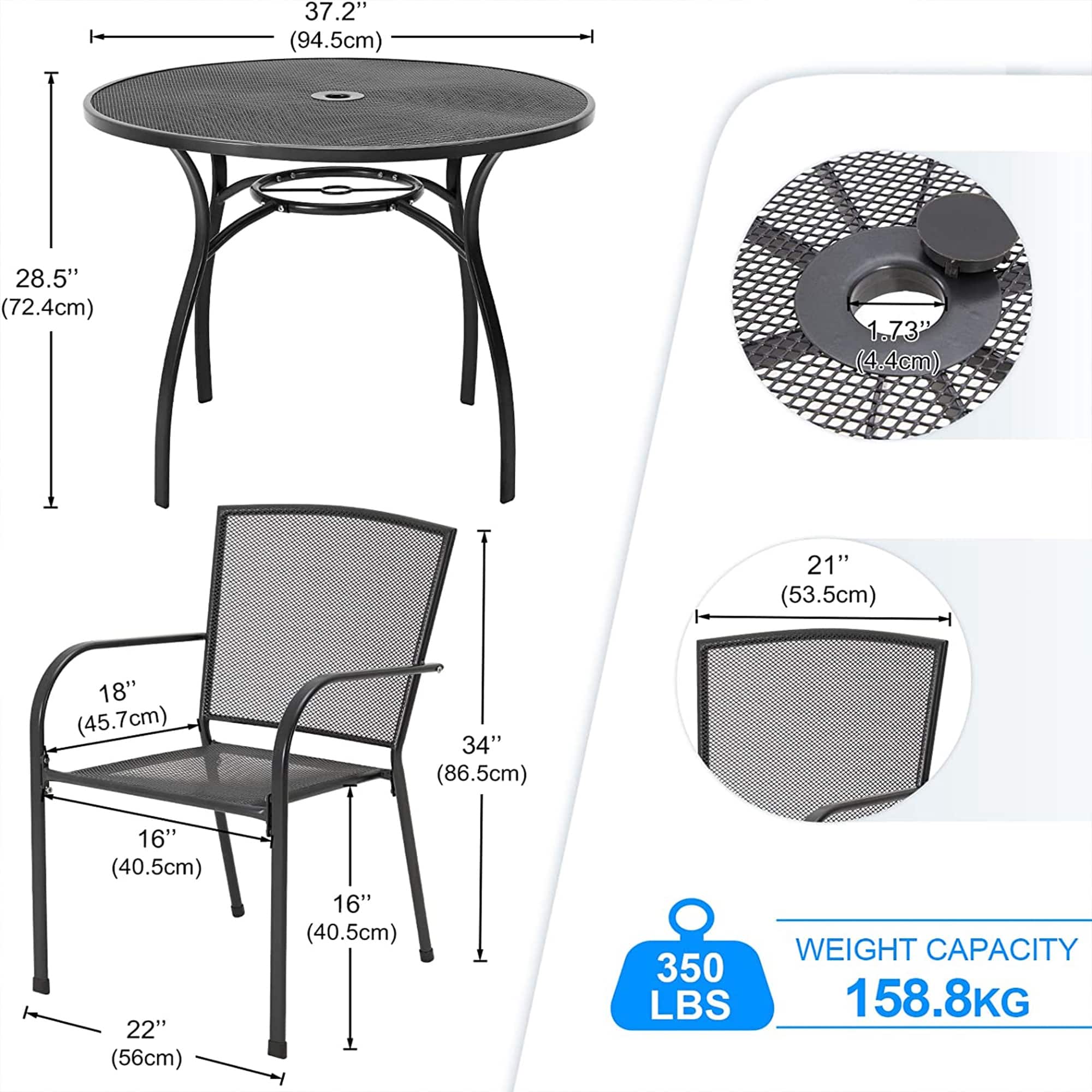 AECOJOY Outdoor 5 Piece Metal Patio Dining Set with Round Table 1.73"Umbrella Hole Bed Bath